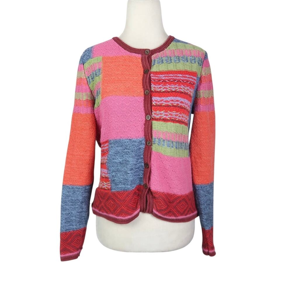 Vintage Y2K Christopher & Banks Pink and Orange Patchwork Cardigan Sweater S